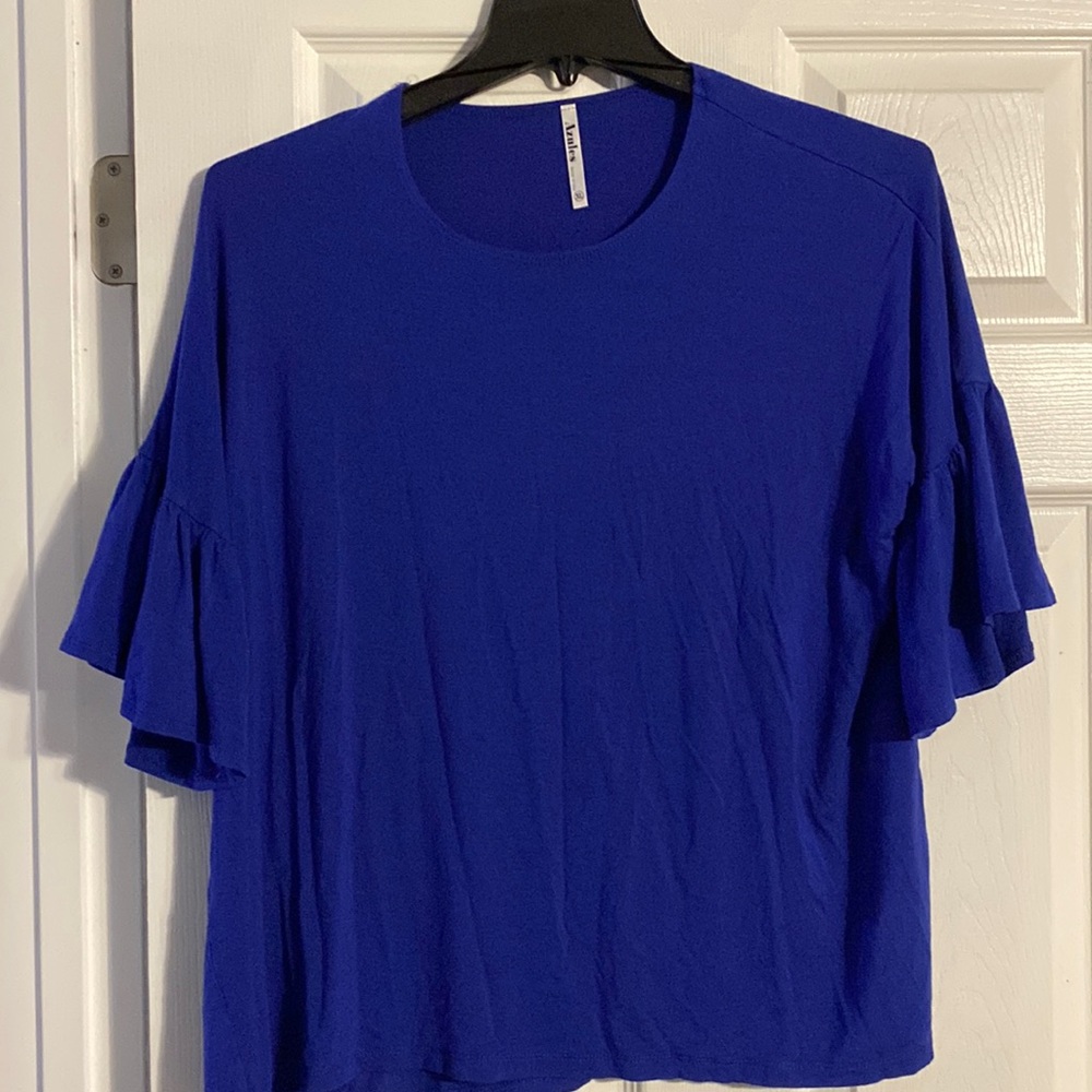Royal blue knot top with ruffle sleeves. Size xl. Never worn